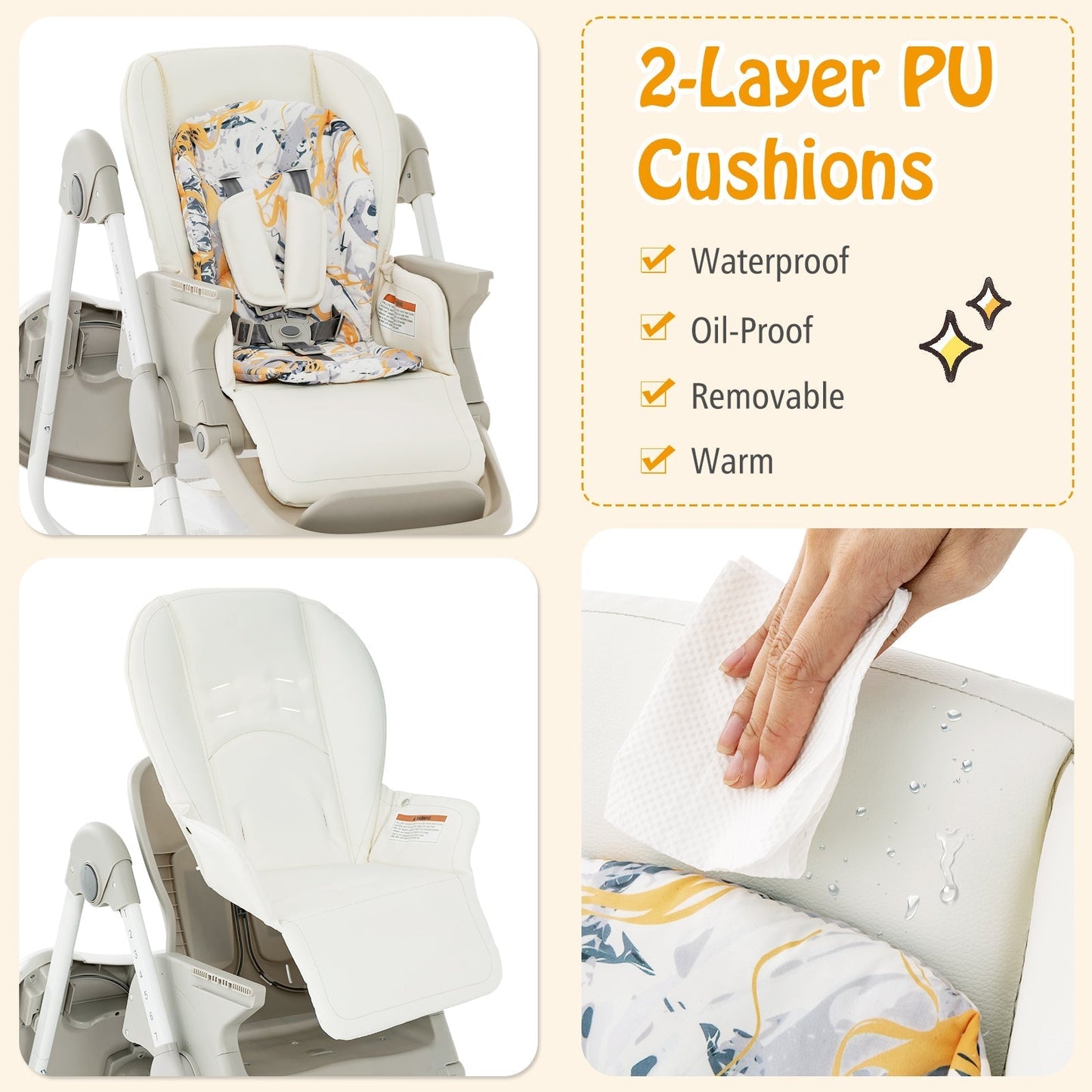 Multifunctional Folding Baby High Chair with Rolling Wheels-White