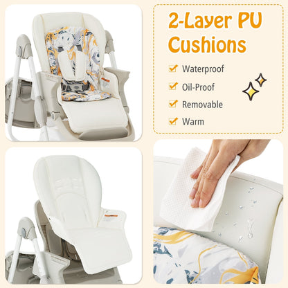 Multifunctional Folding Baby High Chair with Rolling Wheels-White