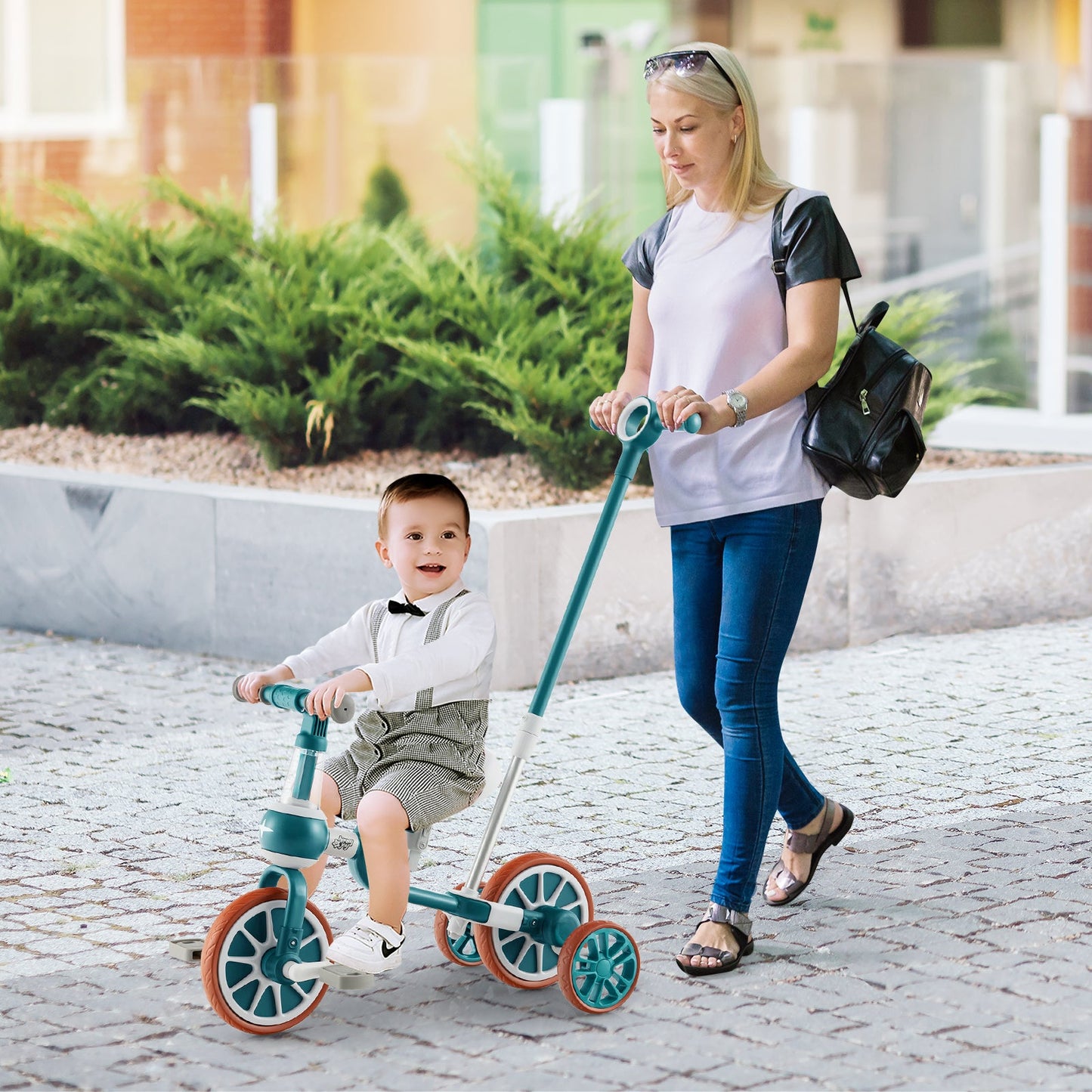 4-in-1 Multifunctional Kids Training Balance Trike wih Adjustable Push Handle-Green