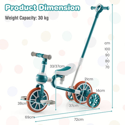 4-in-1 Multifunctional Kids Training Balance Trike wih Adjustable Push Handle-Green