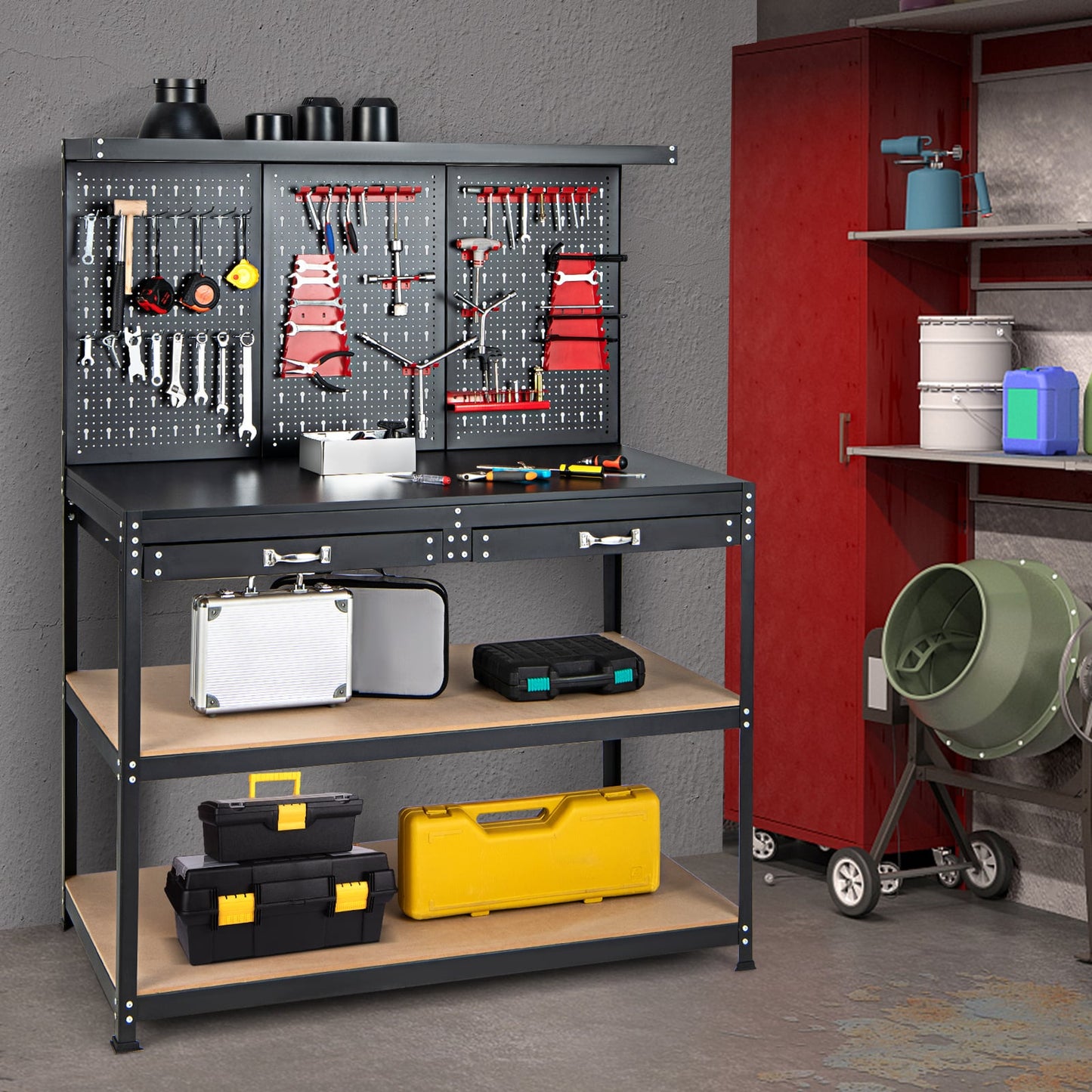 Multipurpose Garage Worktable with Pegboard and Drawers-Black