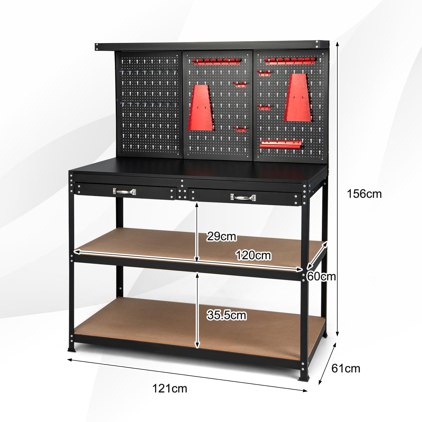 Multipurpose Garage Worktable with Pegboard and Drawers-Black