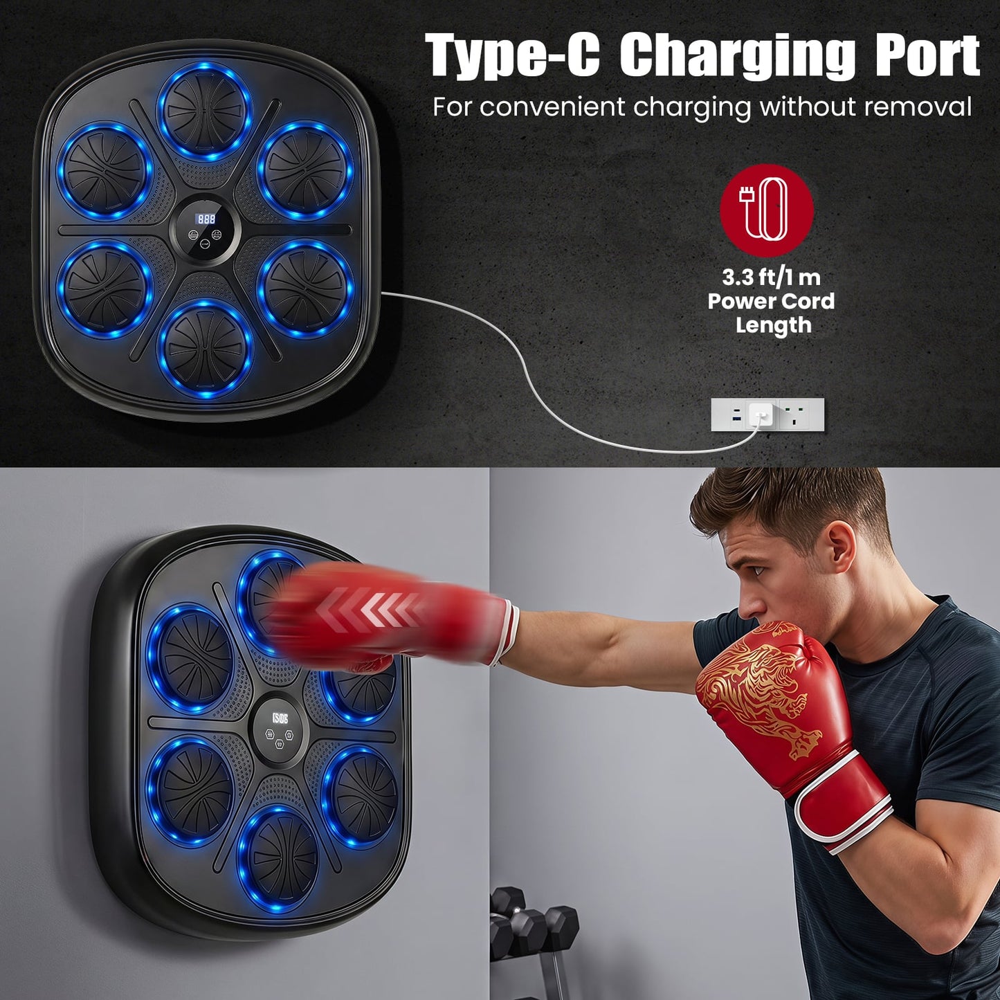Music Boxing Machine with Gloves and LED Light Targets and Punch Counter