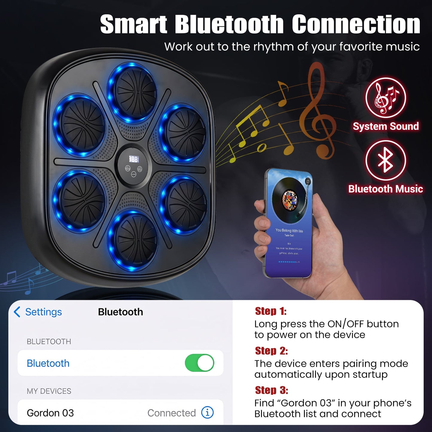 Music Boxing Machine with Gloves and LED Light Targets and Punch Counter
