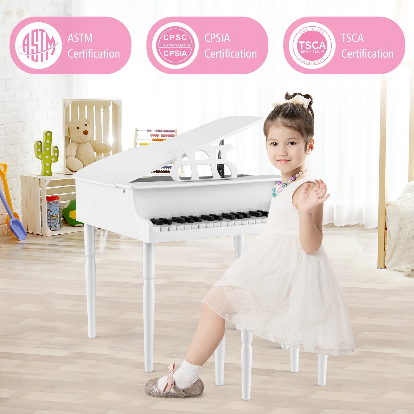 30-Key Classical Learn-to-Play Musical Instrument Toy with Music Stand and Solid Wood Legs-White