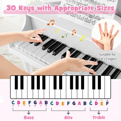 30-Key Classical Learn-to-Play Musical Instrument Toy with Music Stand and Solid Wood Legs-White