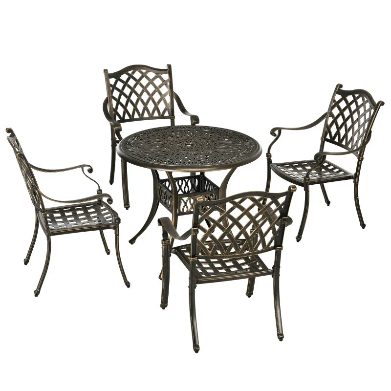 Outsunny 5-Piece Outdoor Furniture Dining Set, Cast Aluminum Conversation Set Includes 4 Chairs and Φ90cm Round Table with Φ50mm Umbrella Hole for Patio Garden Deck, Flower Design