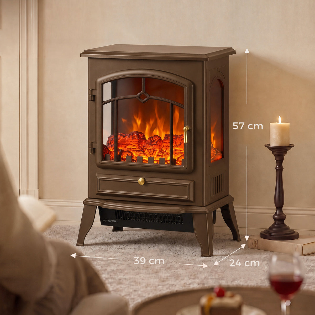 HOMCOM Electric Fireplace Stove, 1000/2000W 3-Sided Freestanding Fireplace Heater with 3D Flame Log, Thermostat, Brown
