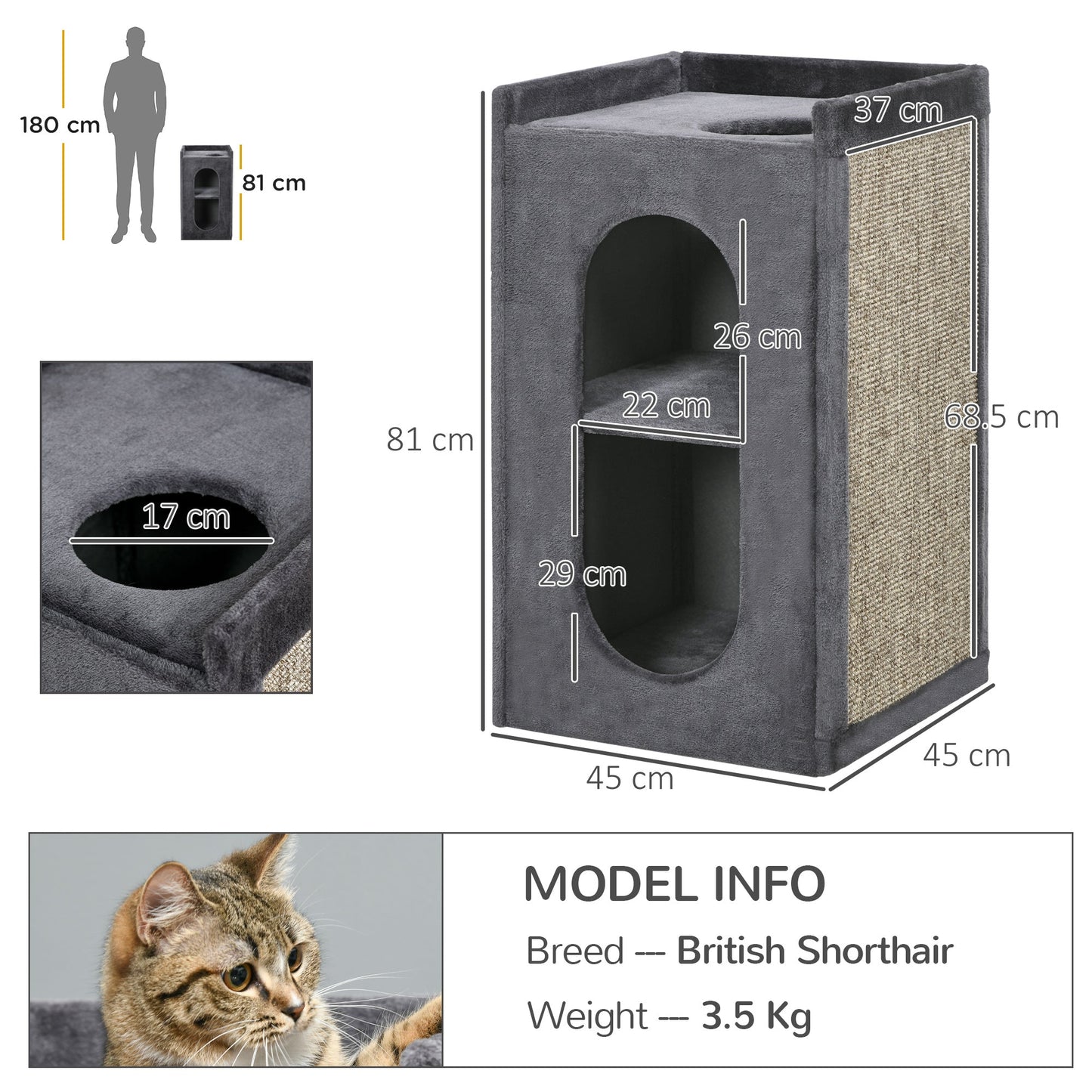 PawHut 81 cm Cat Scratching Barrel with 2 Cat Condos, Cat Play Tower with Scratching Pad, Cat Scratching Tree for Indoor Cats, Grey