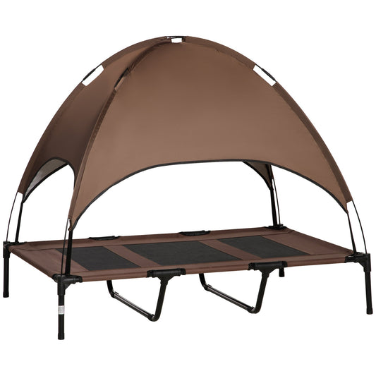 PawHut Raised Dog Bed Waterproof Elevated Pet Cot with Breathable Mesh UV Protection Canopy Brown, for XL Dogs, 122 x 92 x 108cm