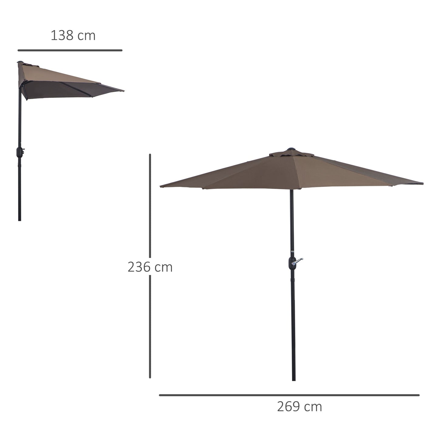 Outsunny 2.7m Balcony Half Parasol Garden Outdoor Umbrella 5 Steel Ribs - Brown