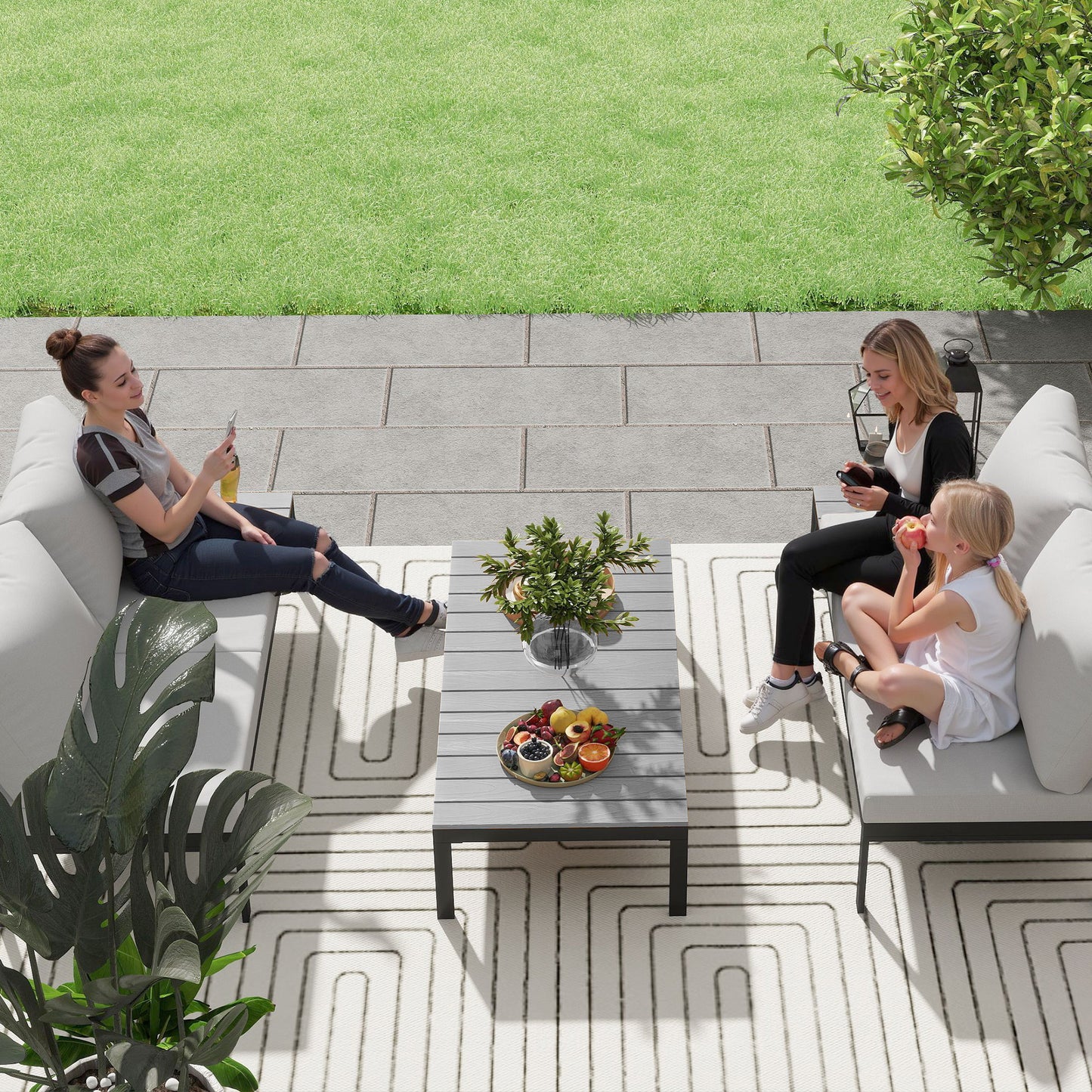 Outsunny Four-Piece Garden Corner Sofa Set with 2 Loveseats and 2 Coffee Tables - Grey