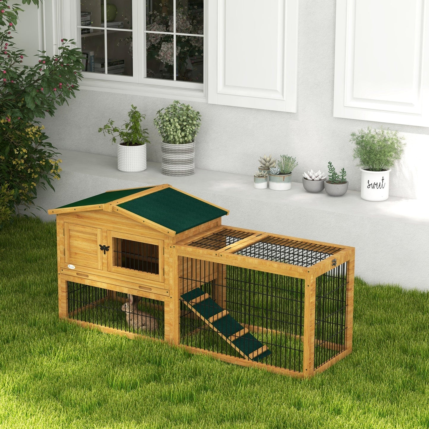 PawHut Wooden Rabbit Hutch with Outdoor Run Yellow