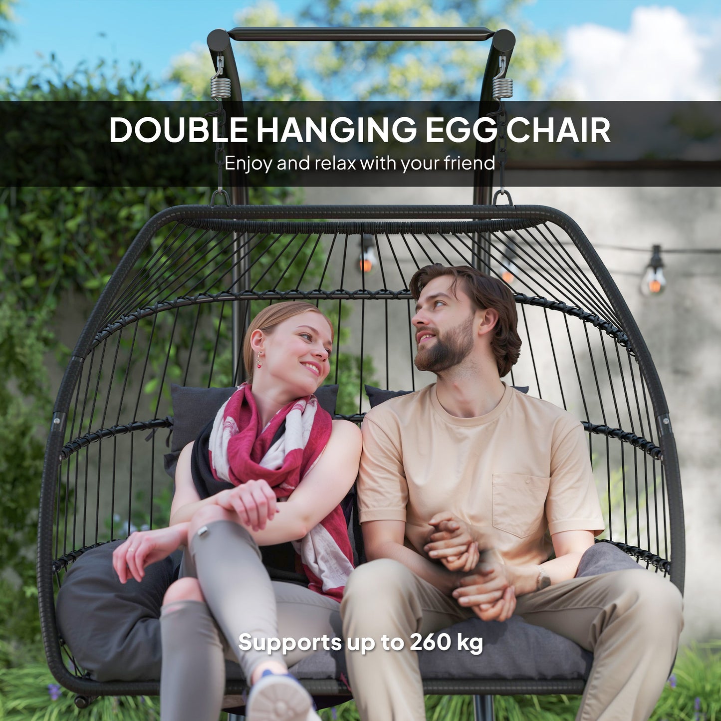 Outsunny Rattan Double Hanging Egg Chair ze stojakiem, składany wiklinowy fotel w kształcie jajka z poduszką, poduszki pod głowę, stalowa rama, fotel hamakowy do wewnątrz i na zewnątrz, nośność 260 kg, ciemnoszary