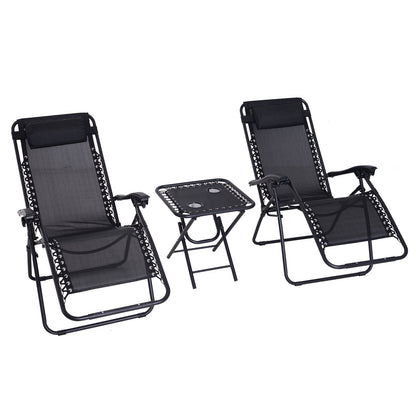 Outsunny Folding Zero Gravity Chairs, 3 Pieces Adjustable Sun Lounger and Table Set with Cup Holder and Headrest, Patio Bistro Set with Reclining Garden Chairs for Outdoor, Black