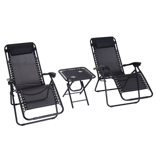 Outsunny Folding Zero Gravity Chairs, 3 Pieces Adjustable Sun Lounger and Table Set with Cup Holder and Headrest, Patio Bistro Set with Reclining Garden Chairs for Outdoor, Black