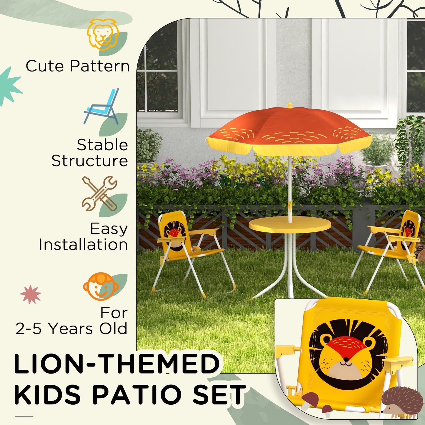 Outsunny Kids Picnic Table and Chair Set Lion Themed Outdoor Garden Furniture w/ Foldable Chairs, Adjustable Parasol - Yellow