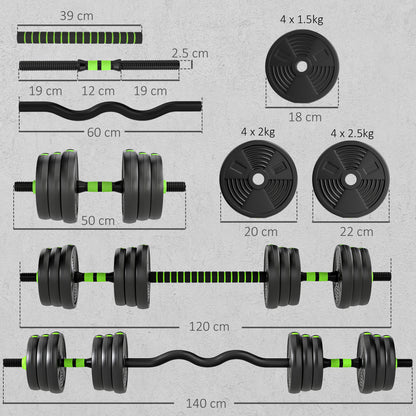 SPORTNOW 25 kg 3-in-1 Adjustable Dumbbell & Barbell Set with EZ Bar, Connecting Rod and Non-Slip Grip for Home Gym, Green