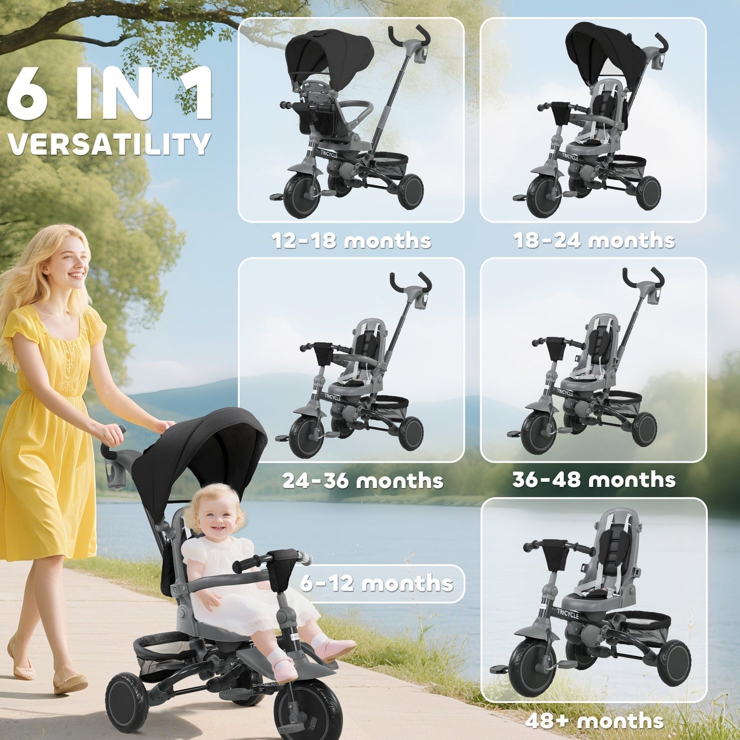AIYAPLAY 6 in 1 Foldable Kids Trike with Adjustable Parent Handle & Canopy for Ages 1-5, Black