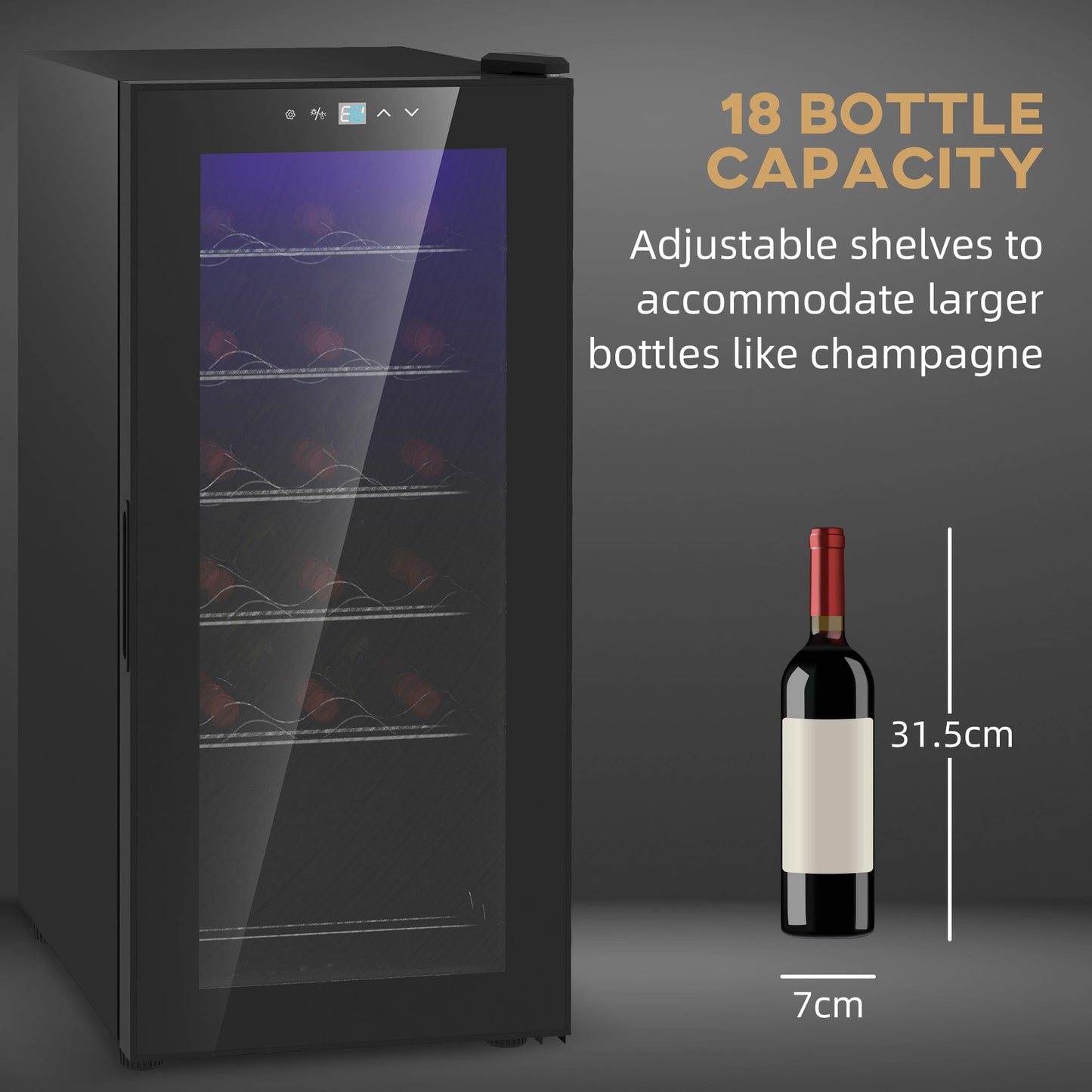 HOMCOM 50L chłodziarka do wina, 18 butelek, 5-18√Ç¬∞ wolnostojąca lodówka do wina ze szklanymi drzwiami, oświetleniem LED, kontrolą temperatury i cyfrowym ekranem dotykowym, czarna