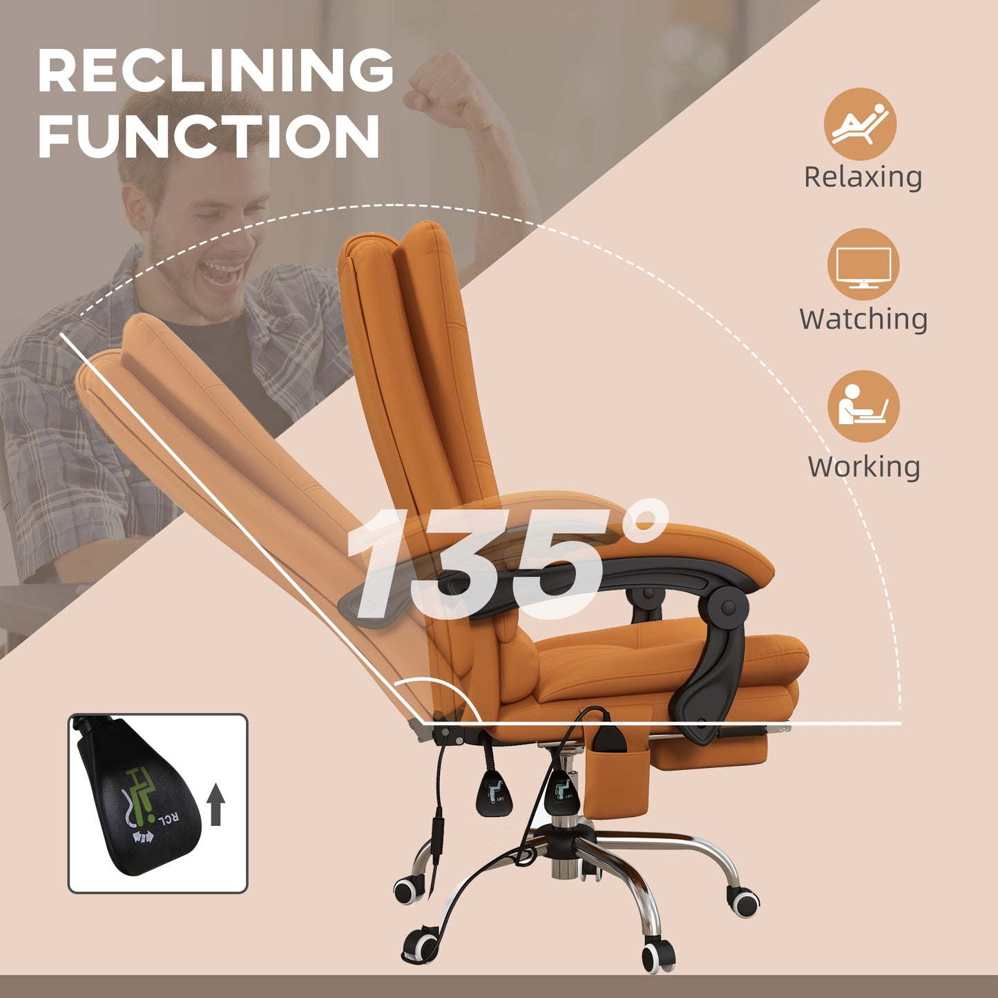 Vinsetto Office Chair, Ergonomic Desk Chair with 4-Point Vibration Massage and Lumbar Heating, PU Leather Computer Chair with 135¡ Reclining Back and Footrest, Orange