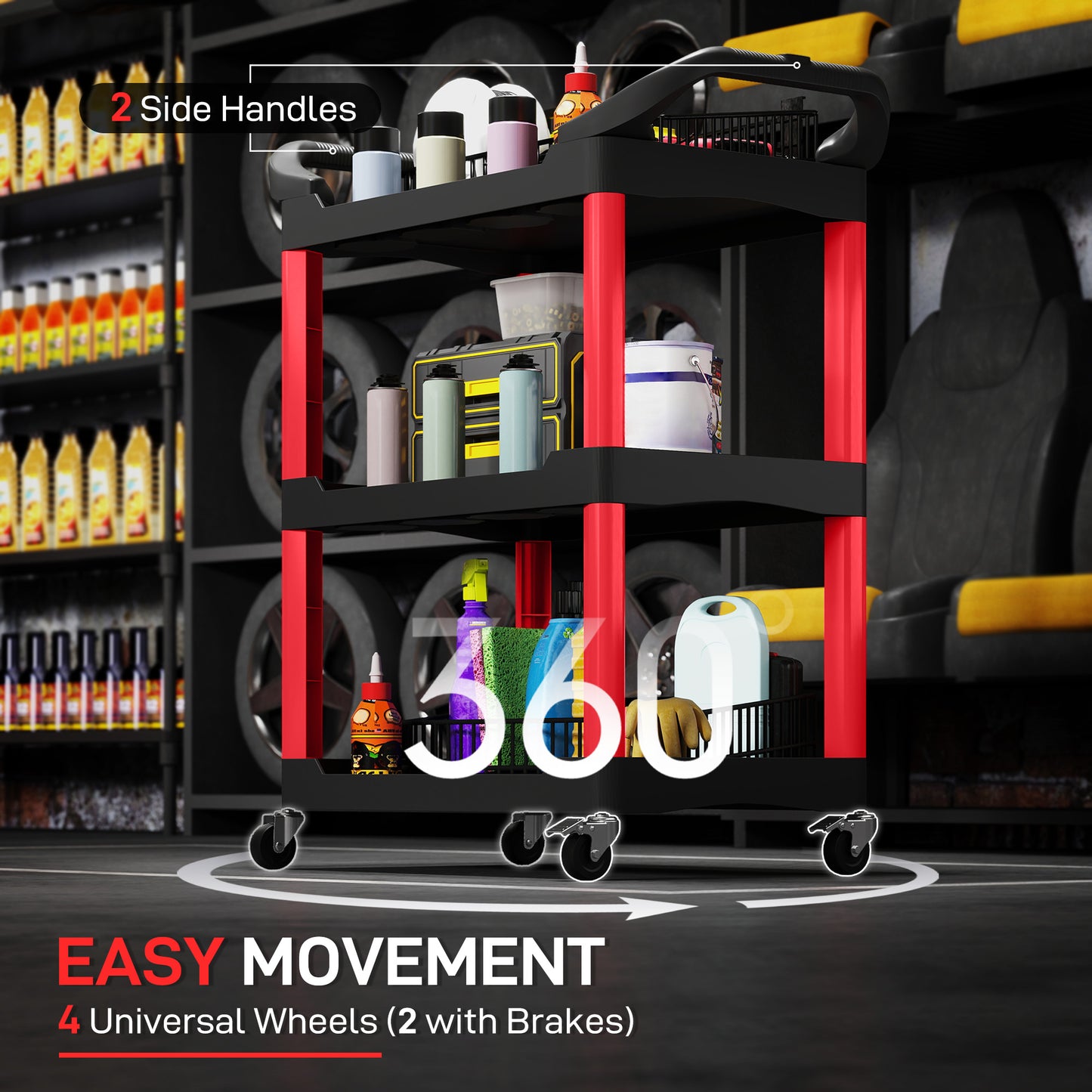 HOMCOM 3-Tier Rolling Tool Cart, Tool Trolley on Wheels, Plastic Mobile Service Utility Cart with Handles for Garage, Mechanics and Warehouse, 91kg Capacity, Black and Red