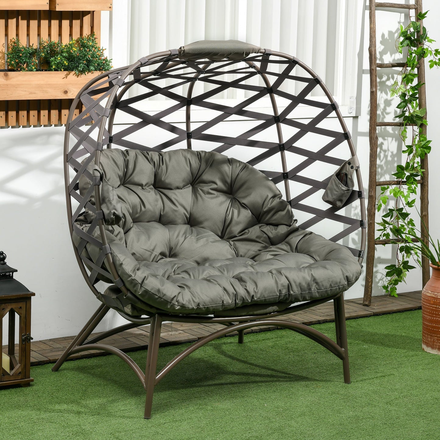 Outsunny 2 Seater Egg Chair Outdoor, Folding Weave Garden Furniture Chair with Cushion, Cup Pockets - Sand Brown