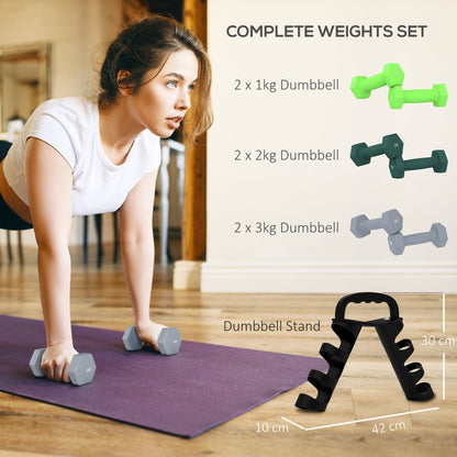 SPORTNOW Dumbbells Set with Storage Rack, 2 x 1kg, 2 x 2kg, 2 x 3kg, Green
