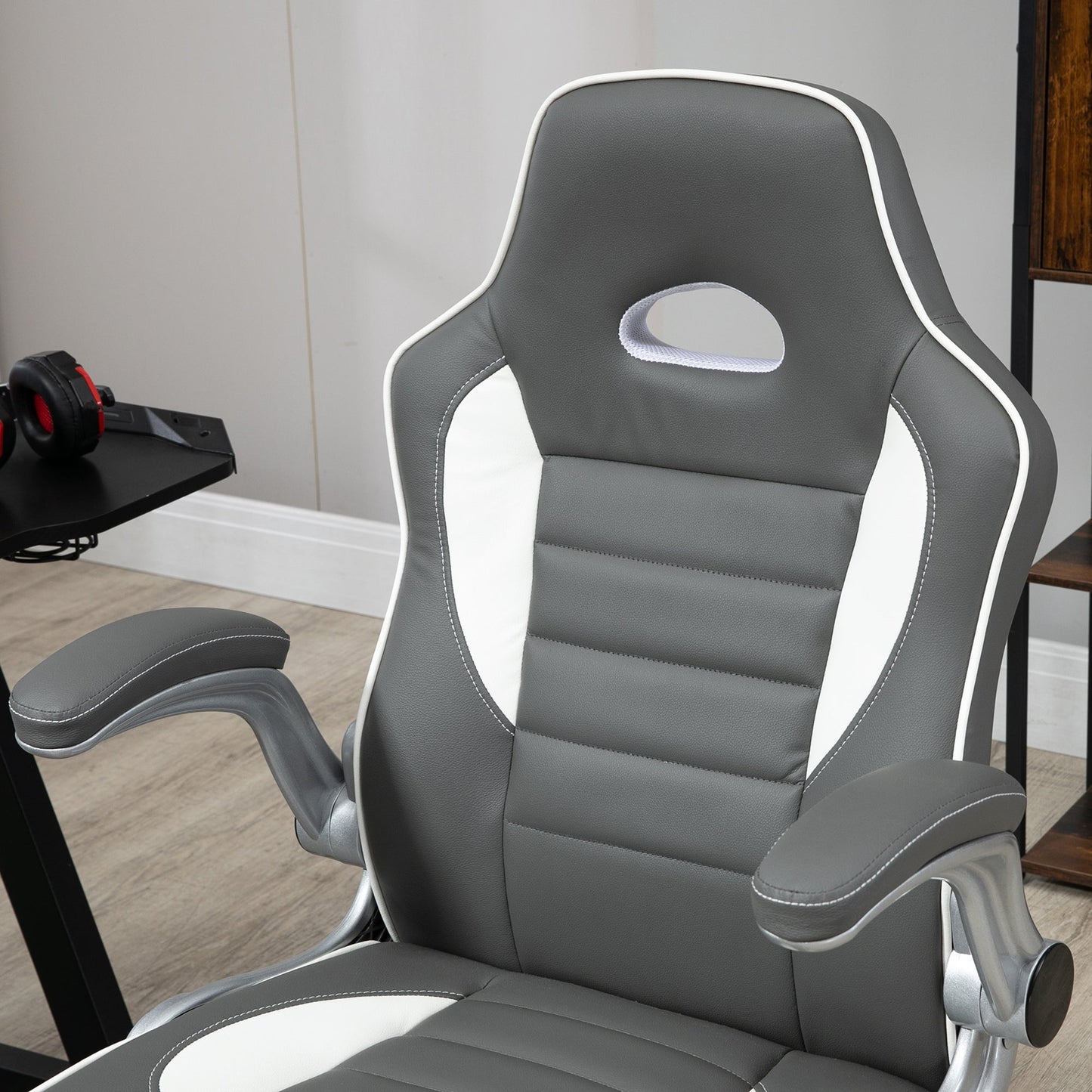 Racing Gaming Chair, PU Leather Computer Desk Chair, Height Adjustable Swivel Chair With Tilt Function and Flip Up Armrests, Grey