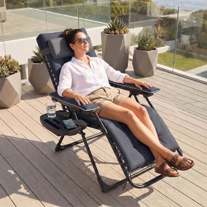 Outsunny Zero Gravity Chair, Folding Sun Lounger Reclining Garden Chair with Arm Pads, Cushion, Cup Holder, Headrest, Dark Grey