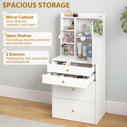 HOMCOM Dressing Table with Mirror and Mobile Storage Stool, Compact Vanity Table with Cabinet, Drawers, Open Shelves, White