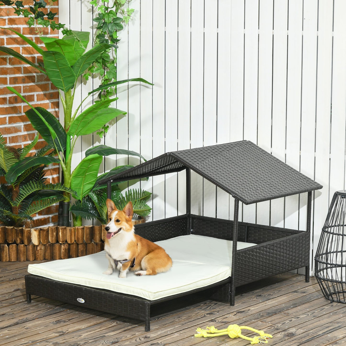 PawHut Extendable Elevated Dog Bed, Rattan Dog House, with Water-Resistant Roof, Removable Cushion, for Small, Medium Dogs