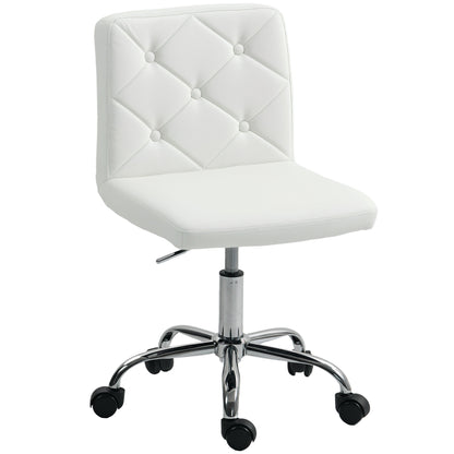 HOMCOM PU Leather Armless Office Chair, Modern Vanity Computer Swivel Chair with Rolling Wheels and Adjustable Height for Home Study, Bedroom, White