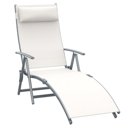 Outsunny Sun Lounger Steel Frame Outdoor Folding Chaise Texteline Lounge Chair Recliner with Headrest & 7 Levels Adjustable Backrest, Cream White