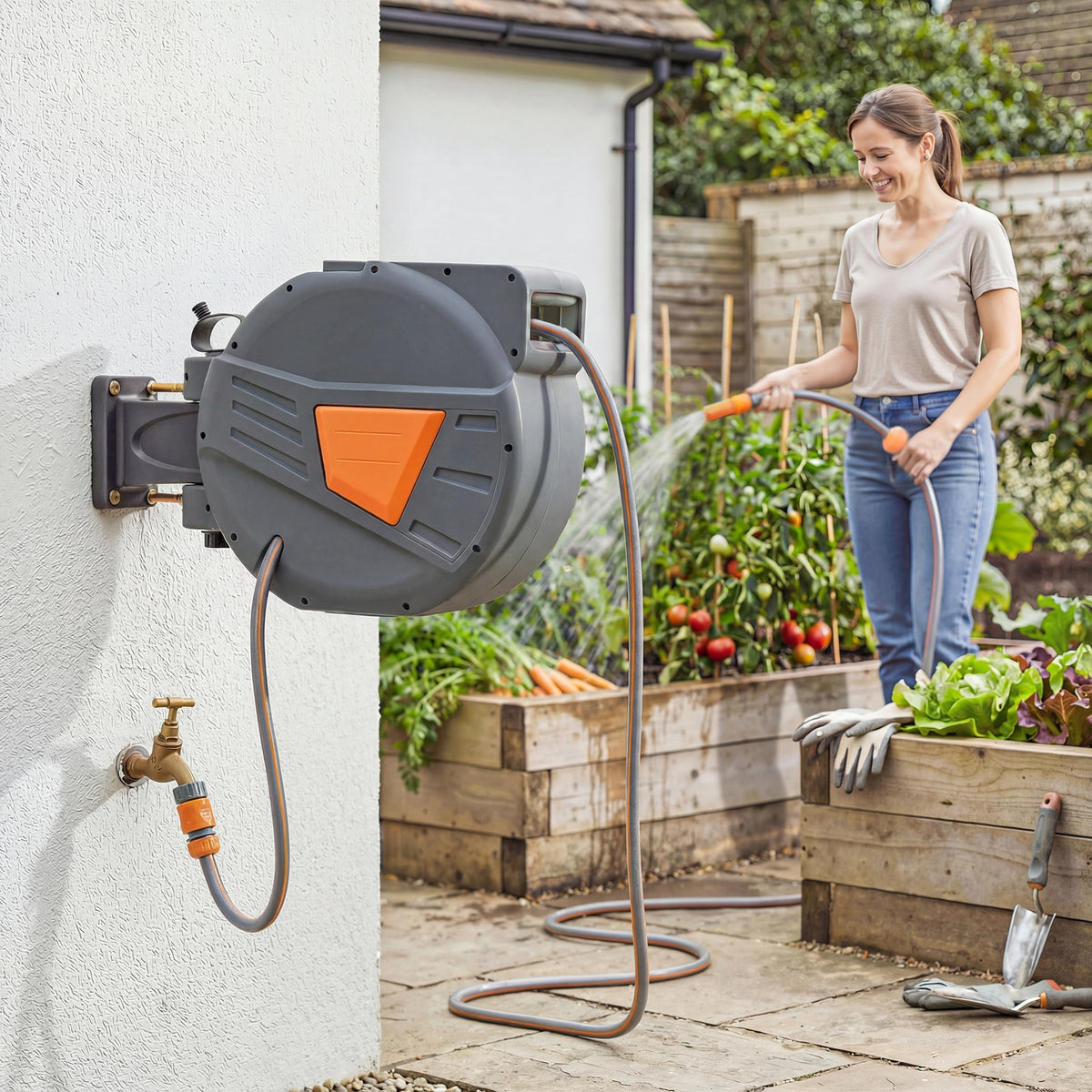 Outsunny Retractable Hose Reel Wall Mounted, 15+1.6m Garden Hose Pipe Reel with Auto Retraction, Self-Locking, Orange