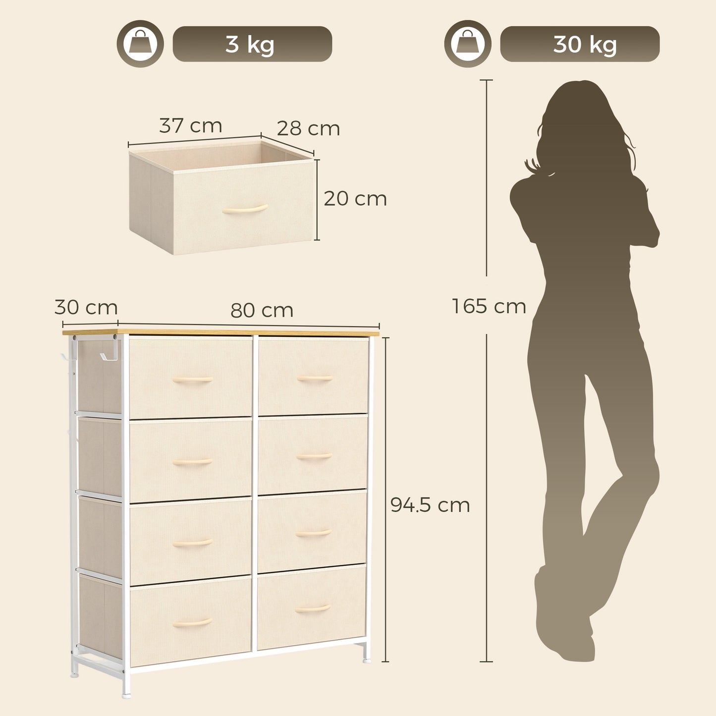 HOMCOM Chest of Drawers, Dresser with 8 Fabric Drawers, Tall Storage Unit with 4 Pockets and 2 Hooks Steel Frame, Beige