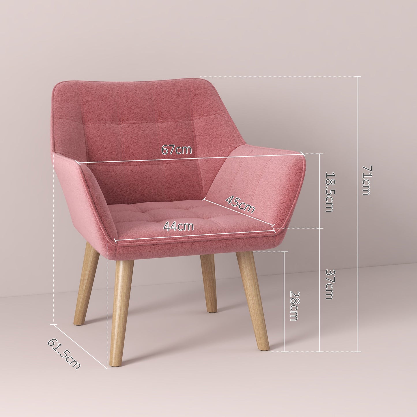 Set of 2 Accent Chair, Arm Chair with Slanted Back, Thick Padding and Rubber Wooden Legs for Living Room, Pink