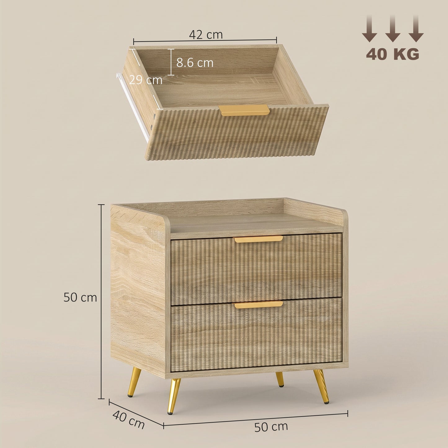 HOMCOM Bedside Table with 2 Drawers, Side End Table with Metal Legs for Bedroom, Living Room, Natural Wood Finish