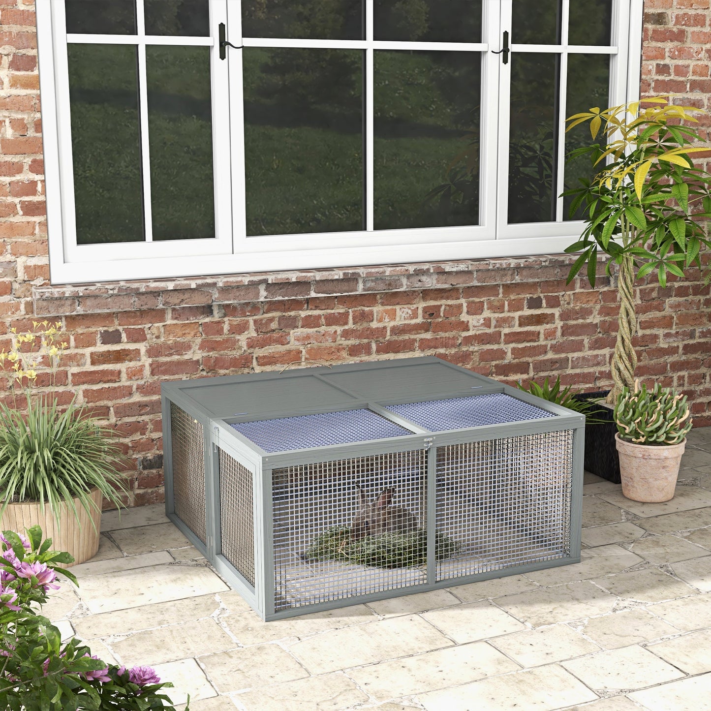 PawHut Folding Rabbit Run Wooden Large Rabbit Hutch for 2-3 Rabbits, Grey