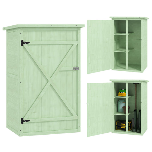 Outsunny Drewniany mały domek, ogrodowy domek do przechowywania z półkami i ryglem, 75L x 56W x 115H cm, zielony