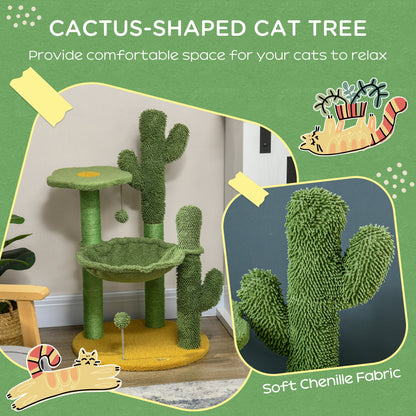 PawHut 82cm Chenille Cactus Cat Tree with Scratching Post, Hammock, Green