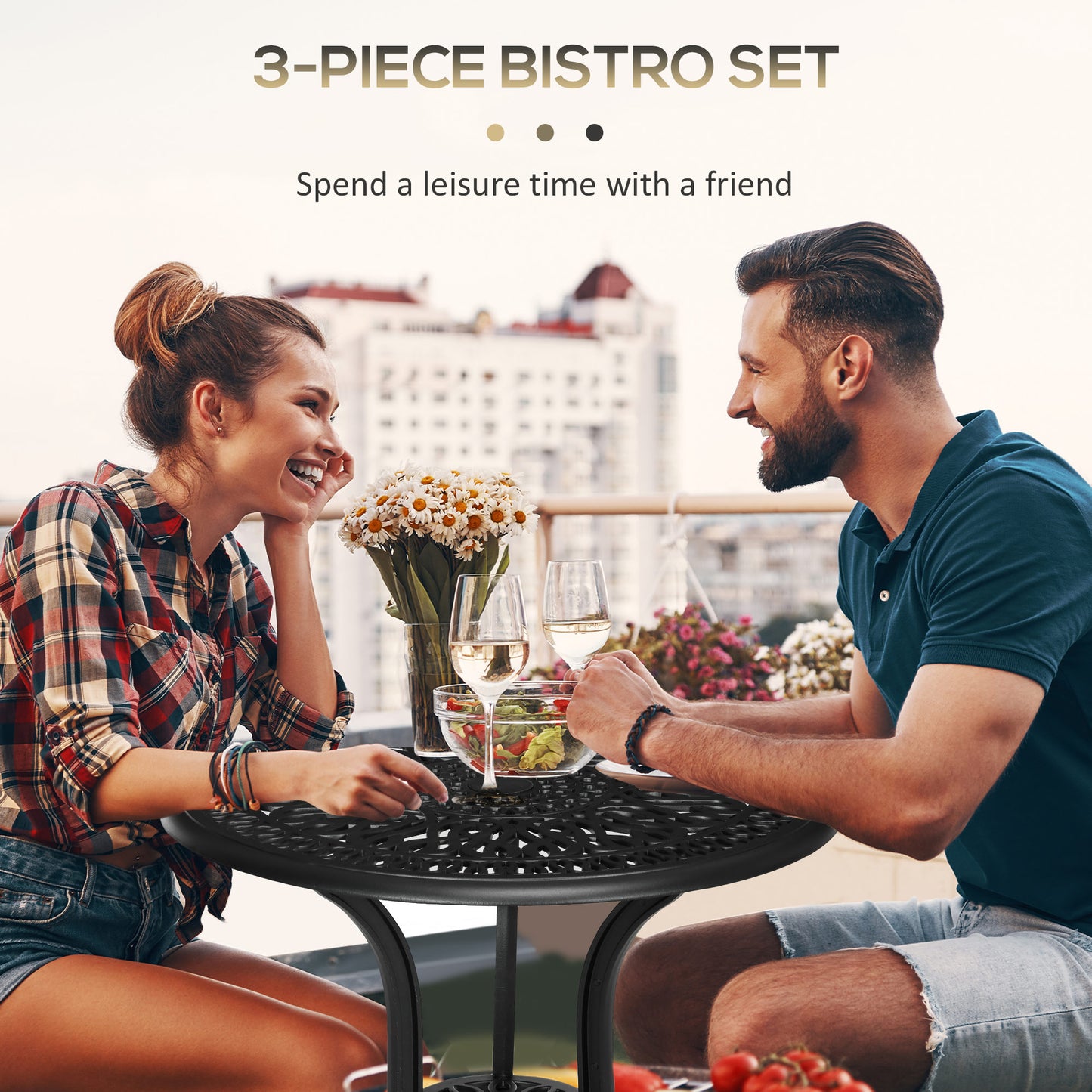 Outsunny 3-częściowy zestaw ogrodowy Bistro, zestaw mebli ogrodowych z odlewu aluminiowego z otworem na parasol na balkon, werandę, patio, czarny
