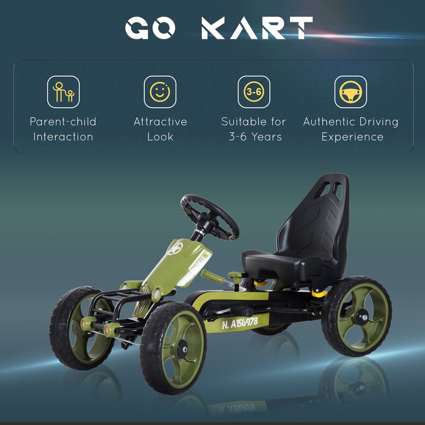 HOMCOM Kids Dziecięcy Gokart Pedałowy Jeździk Racer System Hamowania Regulowane Siedzenie Zielony
