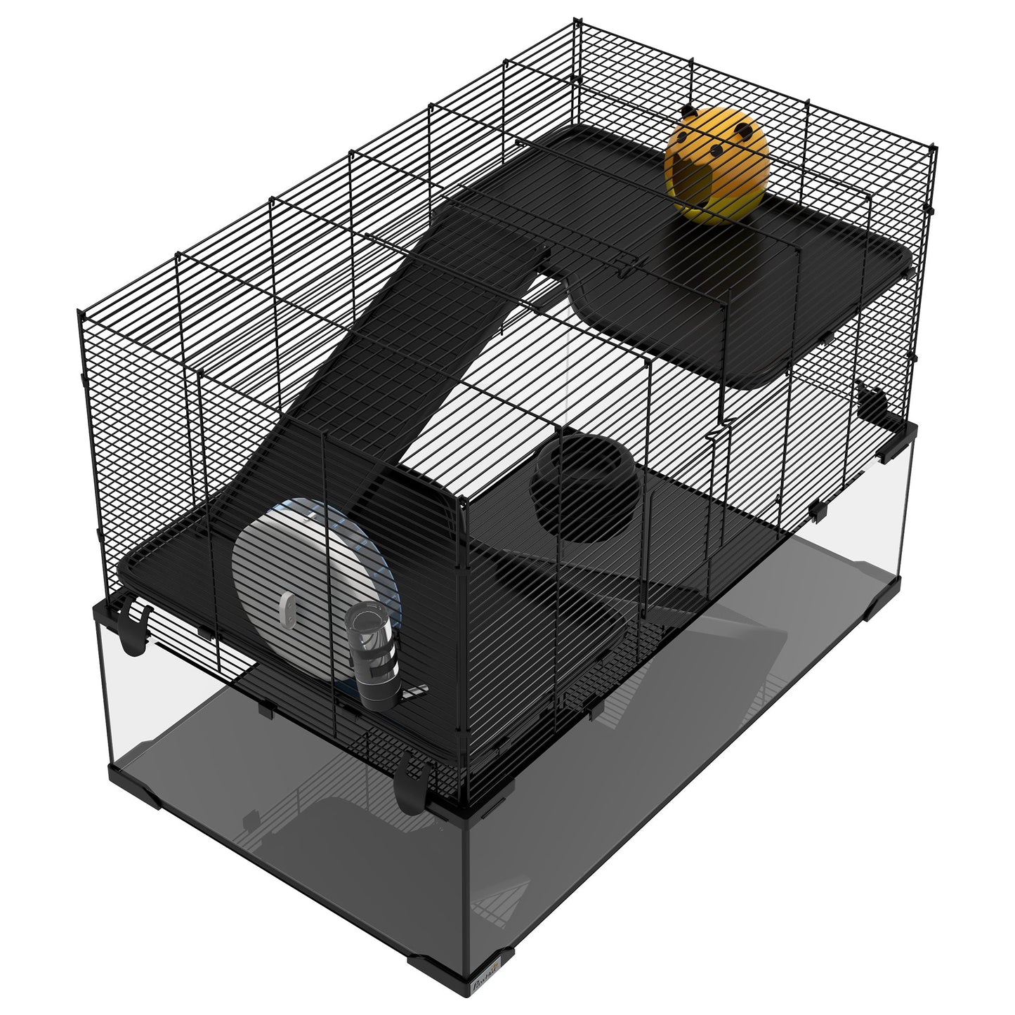 PawHut 3 Tiers Hamster Cage, Gerbil Cage with Deep Glass Bottom, Non-Slip Ramps, Platforms, Hut, Exercise Wheels, Water Bottle, Dish, for Syrian Hamster, Dwarf Hamster, 78.5 x 48.5 x 57cm