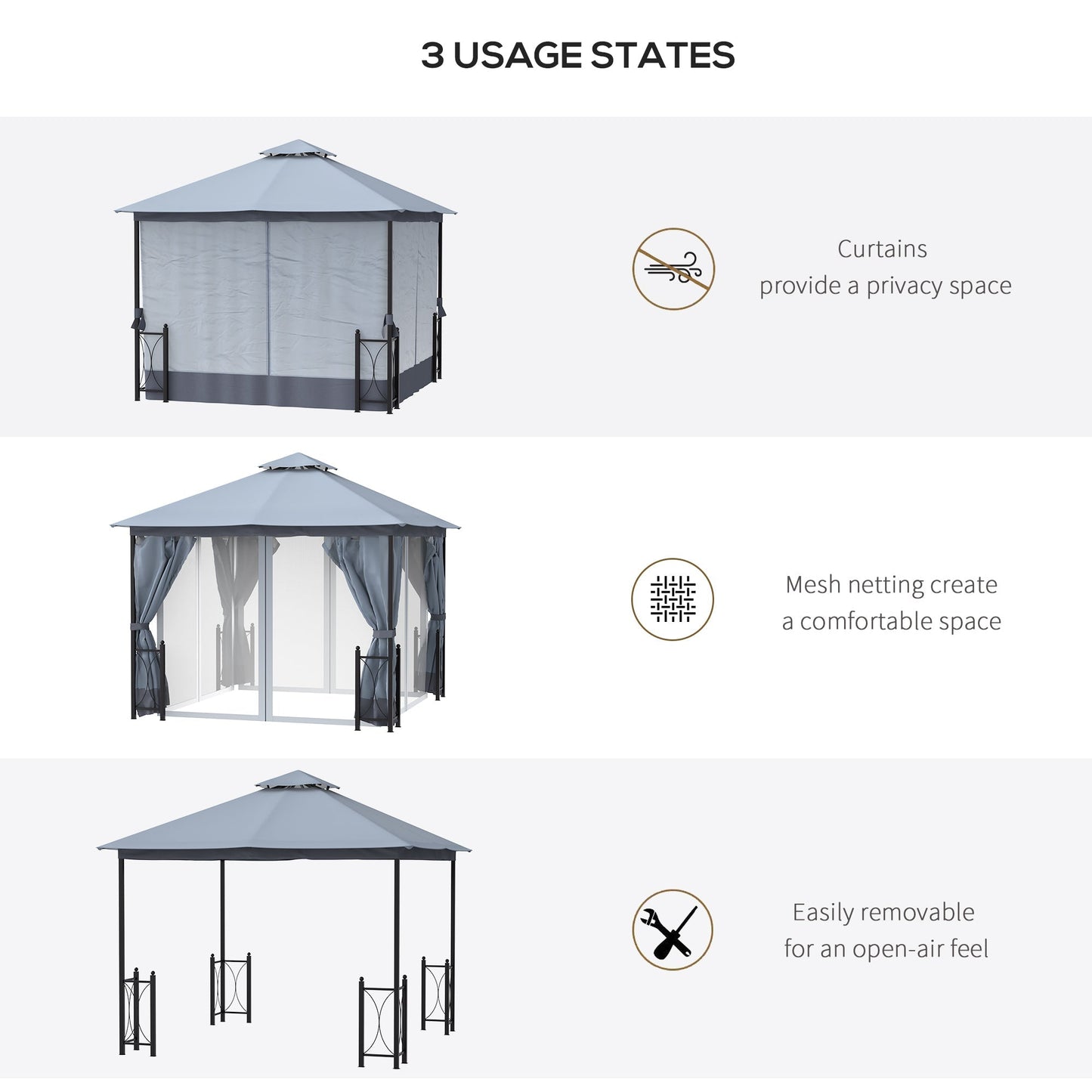 Outsunny 4 x 3.35(m) Patio Metal Gazebo Canopy Garden Tent Sun Shade, Outdoor Shelter with 2 Tier Roof, Netting and Curtains, Steel Frame, Grey