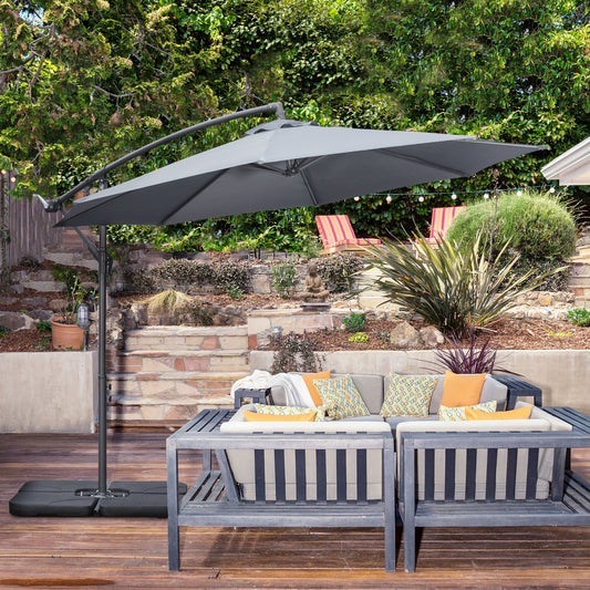 Outsunny 3(m) Parasol ogrodowy, parasol przeciwsłoneczny, bananowy, wspornik z korbą, podstawa krzyżowa, ciemnoszary