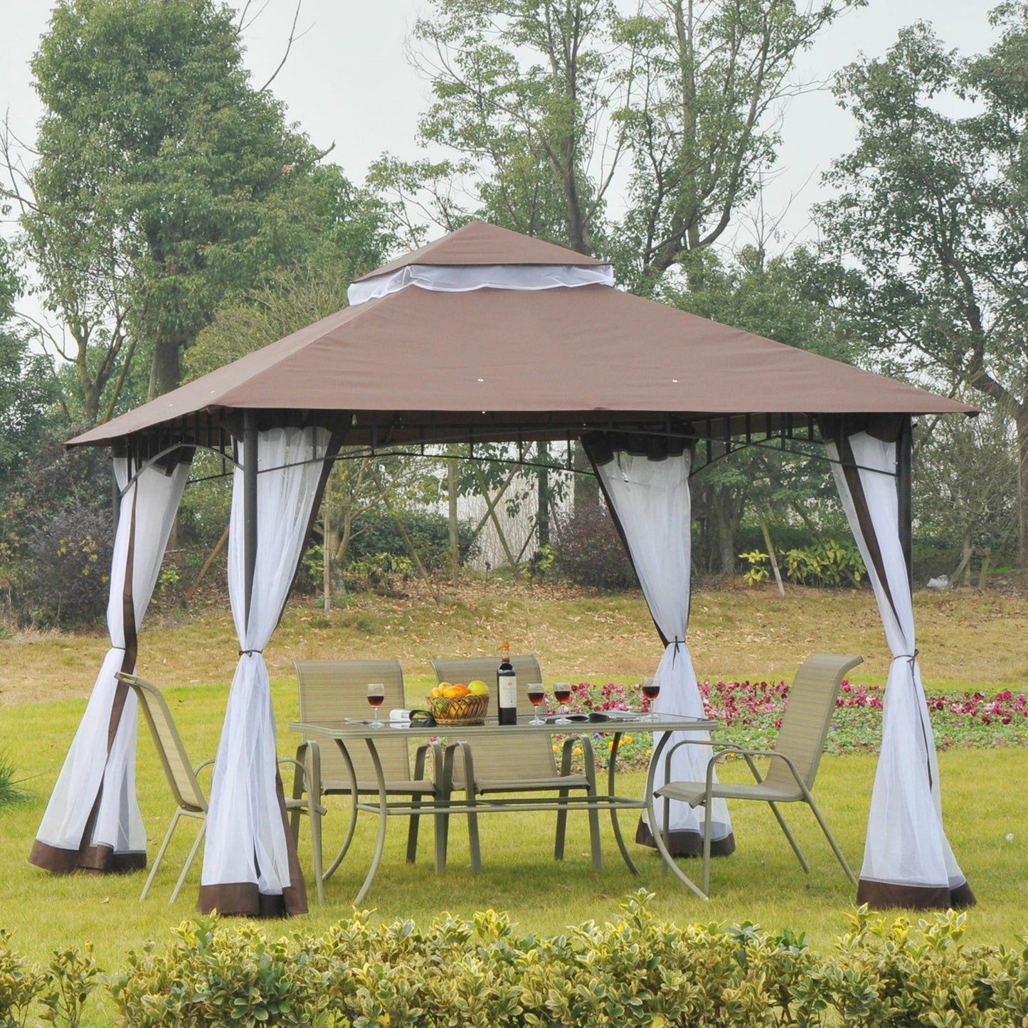 Outsunny 3 x 3 m Garden Metal Gazebo Square Outdoor Party Wedding Canopy Shelter w/Mesh, Brown