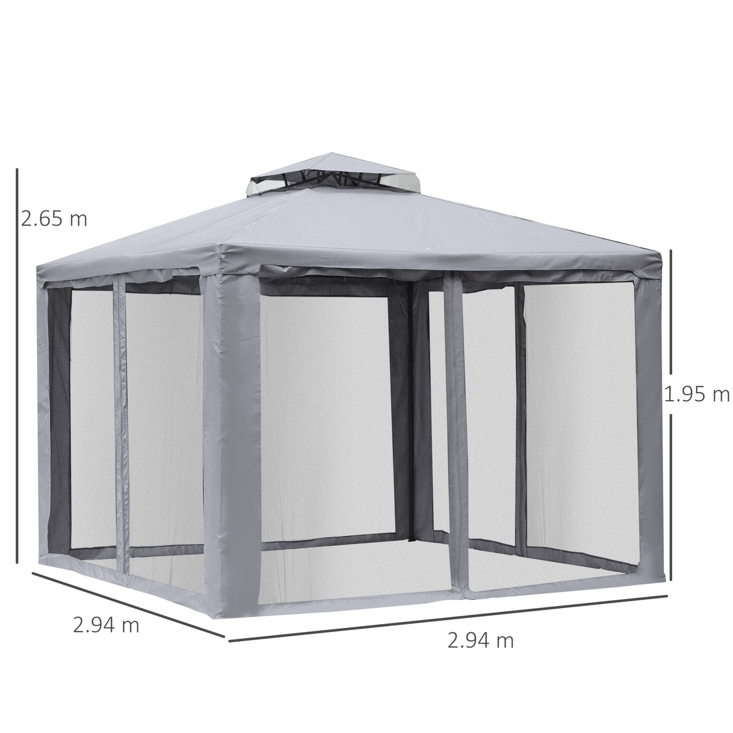 Outsunny 3 x 3 Meter Metal Gazebo Garden Outdoor 2-tier Roof Marquee Party Tent Canopy Pavillion Patio Shelter with Netting - Grey