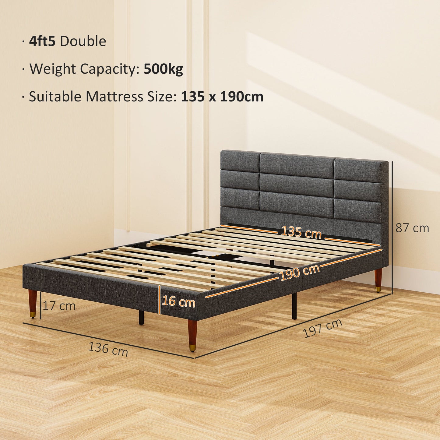 HOMCOM Upholstered Double Bed Frame 136W x 196D x 87Hcm with Slats - Grey