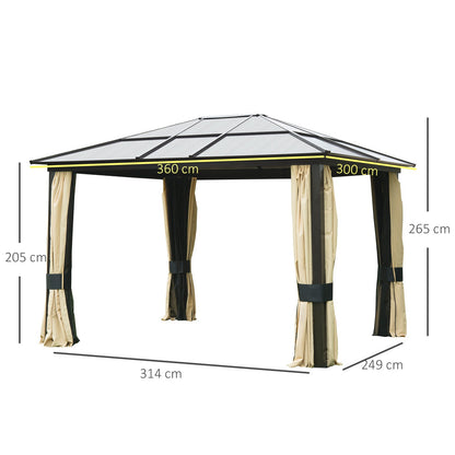 Outsunny 3 x 3.6(m) Hardtop Gazebo Canopy with Polycarbonate Roof and Aluminium Frame, Garden Pavilion with Mosquito Netting and Curtains, Brown